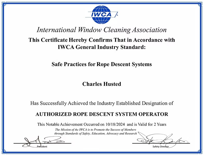 IWCA Authorized Rope Descent System Operator certificate for Charles Husted