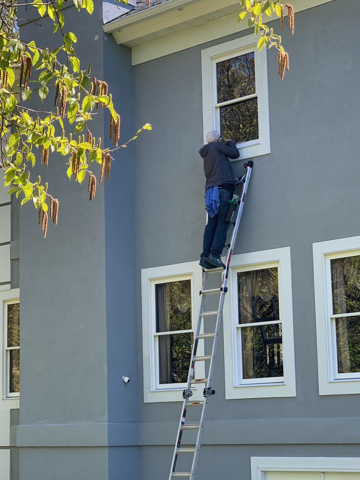 Professional window cleaner on extension ladder at a two-story home